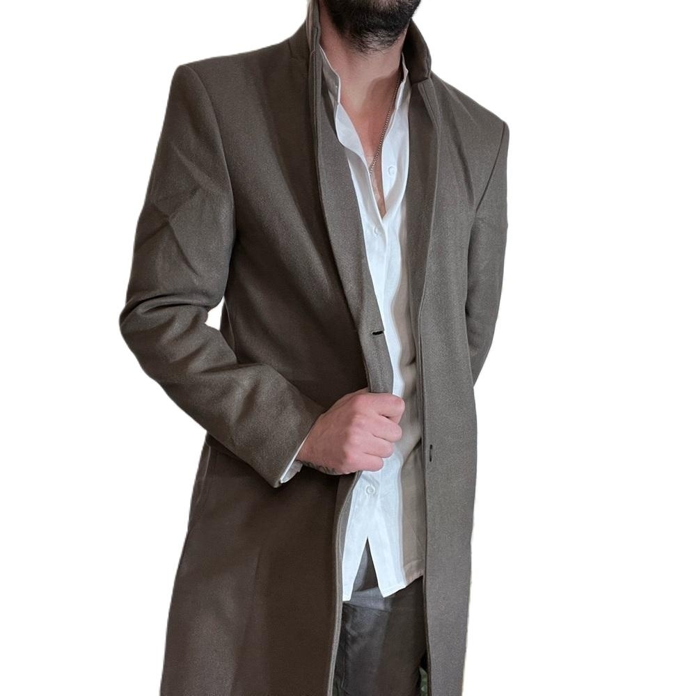 Wool Blend Stand Collar Trench Coat | Long Pea Coat Winter Business Casual - Picture 2 of 4